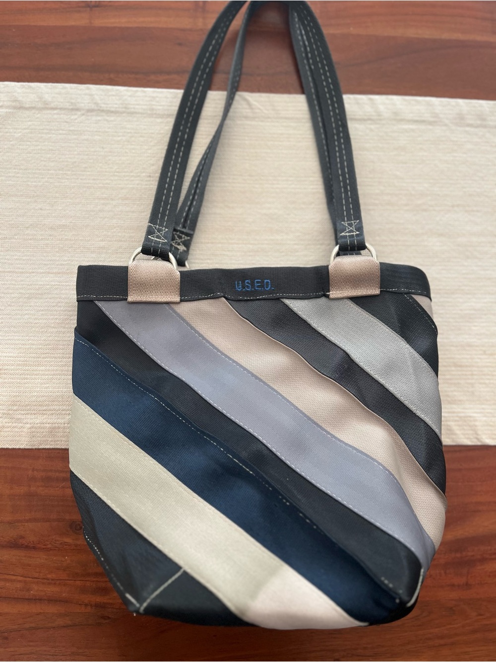 Seatbelt Tote Bag in Navy, Gray & Beige -